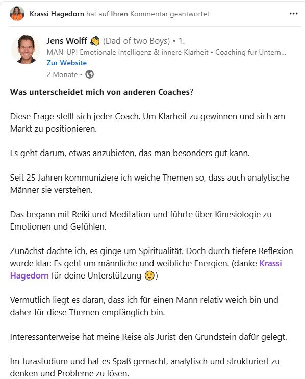 Jens Wolff_Post über Krassi Hagedorn Linkedin